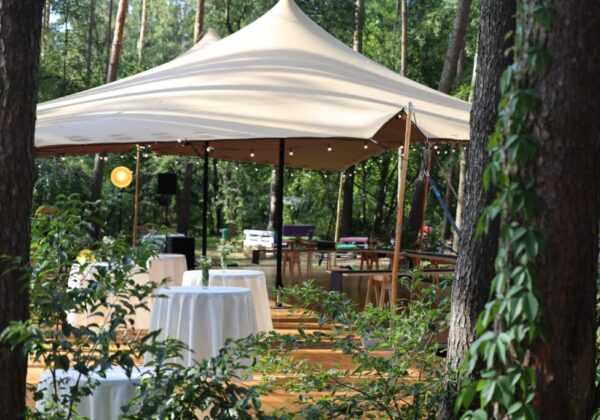 Namiot weselny ze światełkami na polanie – Scout Camp Poznań